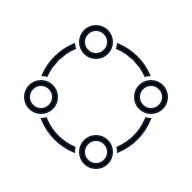 A blue icon with five interconnected circles arranged in a ring