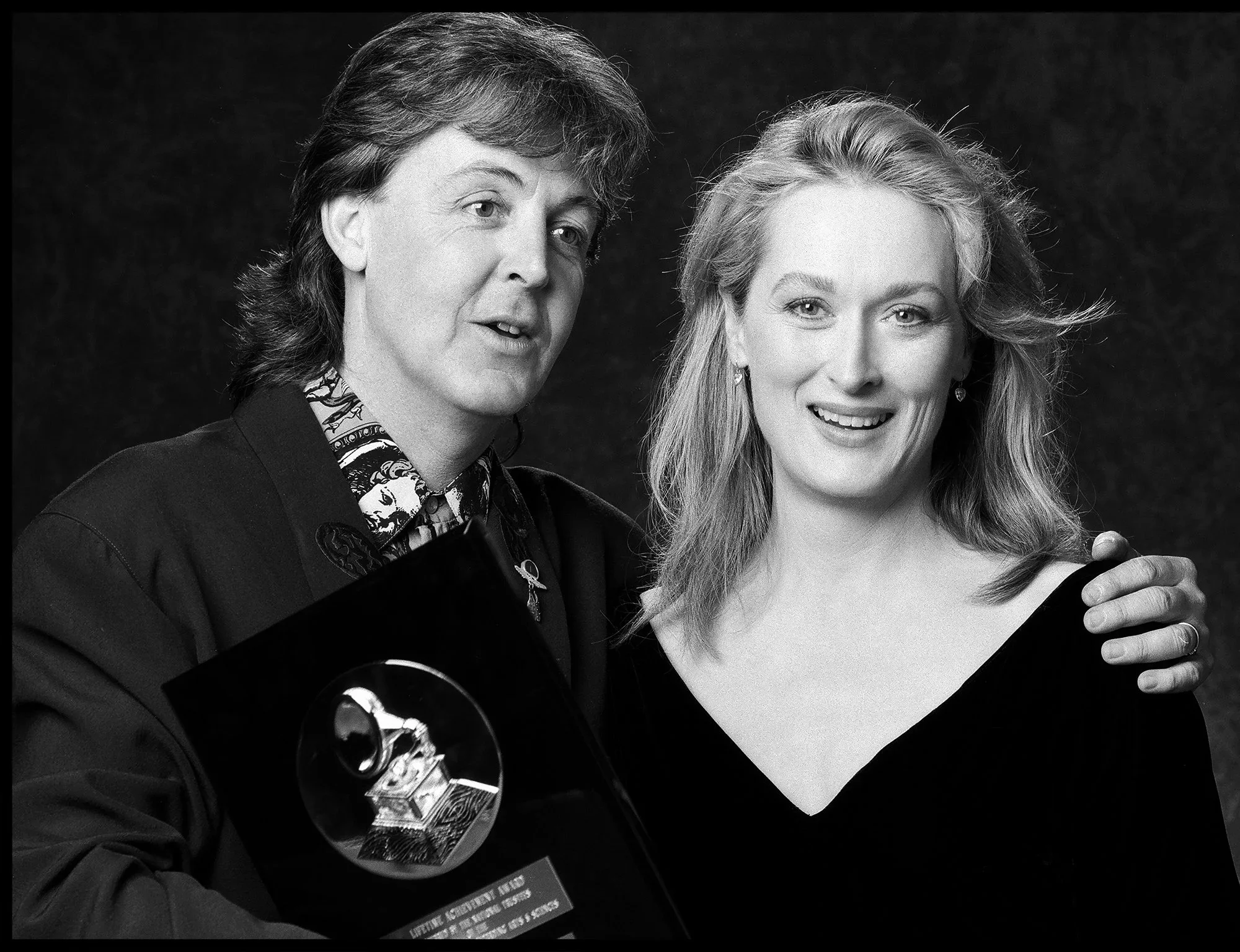 Sir Paul McCartney and Meryl Streep black and white celebrity portrait photographed by Ken Sax.