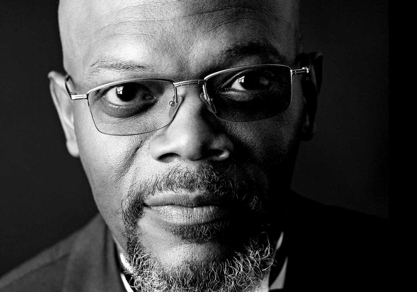 Actor Samuel L. Jackson dramatic black and white celebrity portrait photographed by Ken Sax Corporate Photography LA.