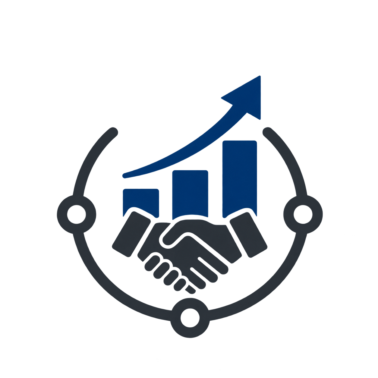 A graphic showing a handshake in front of a bar chart with increasing data and an upward-pointing arrow, encircled by a control or connection icon.
