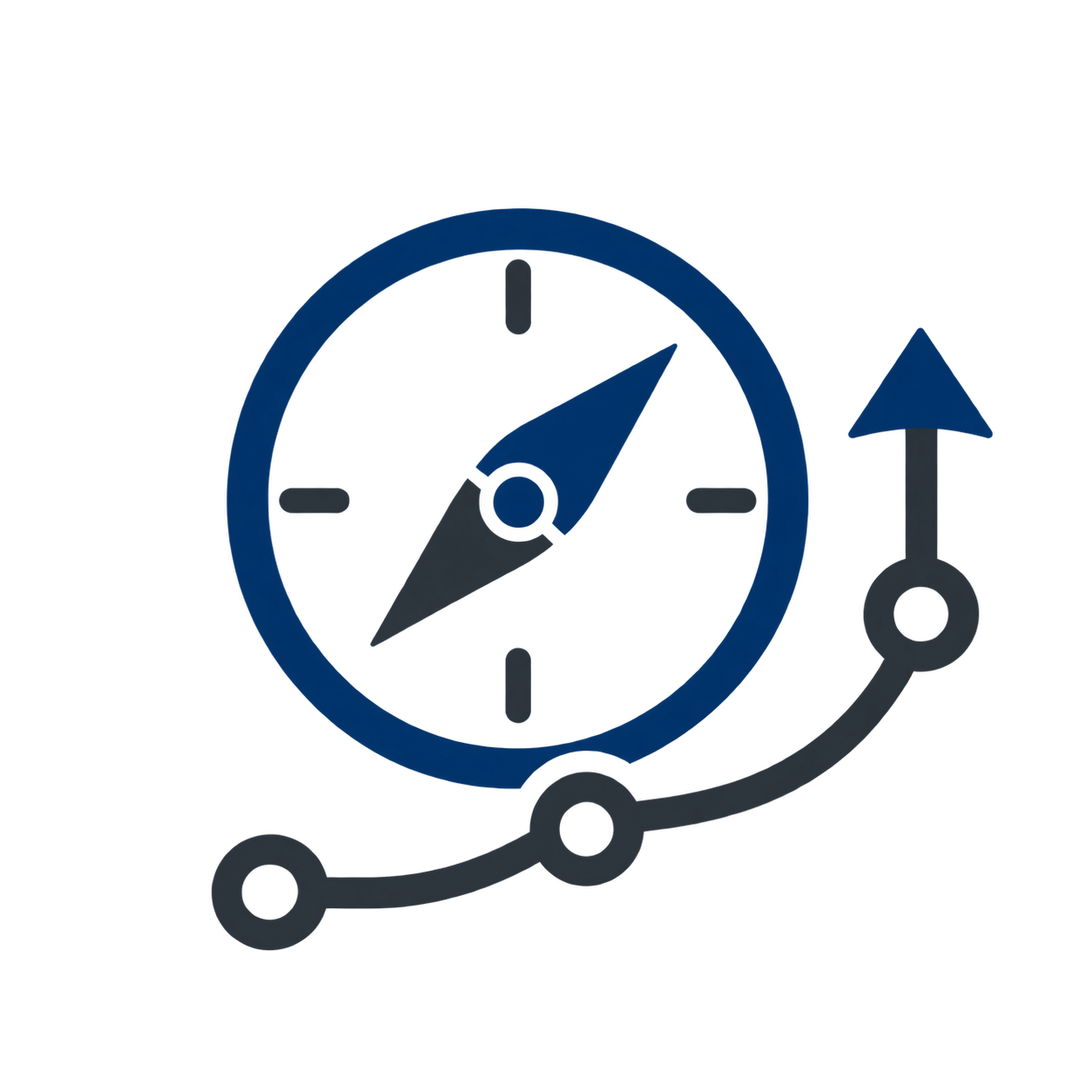 A graphic of a clock with an upward arrow and a timeline line