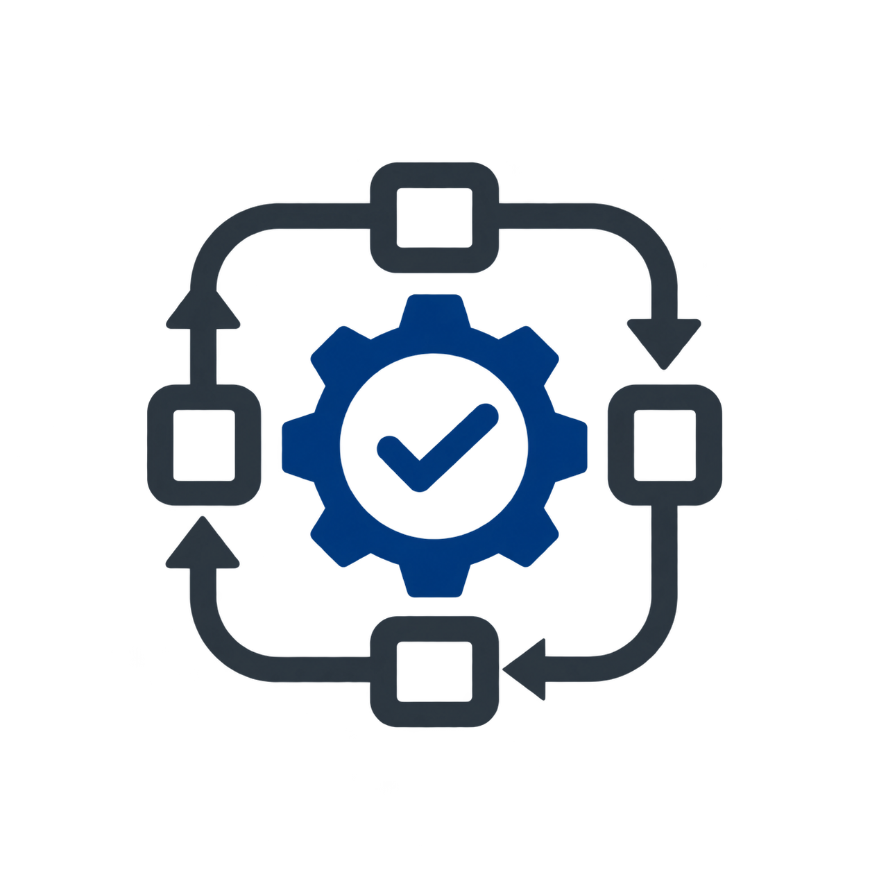A gear with a check mark in the center, surrounded by arrows, nodes, and a flowchart indicating process or workflow management.