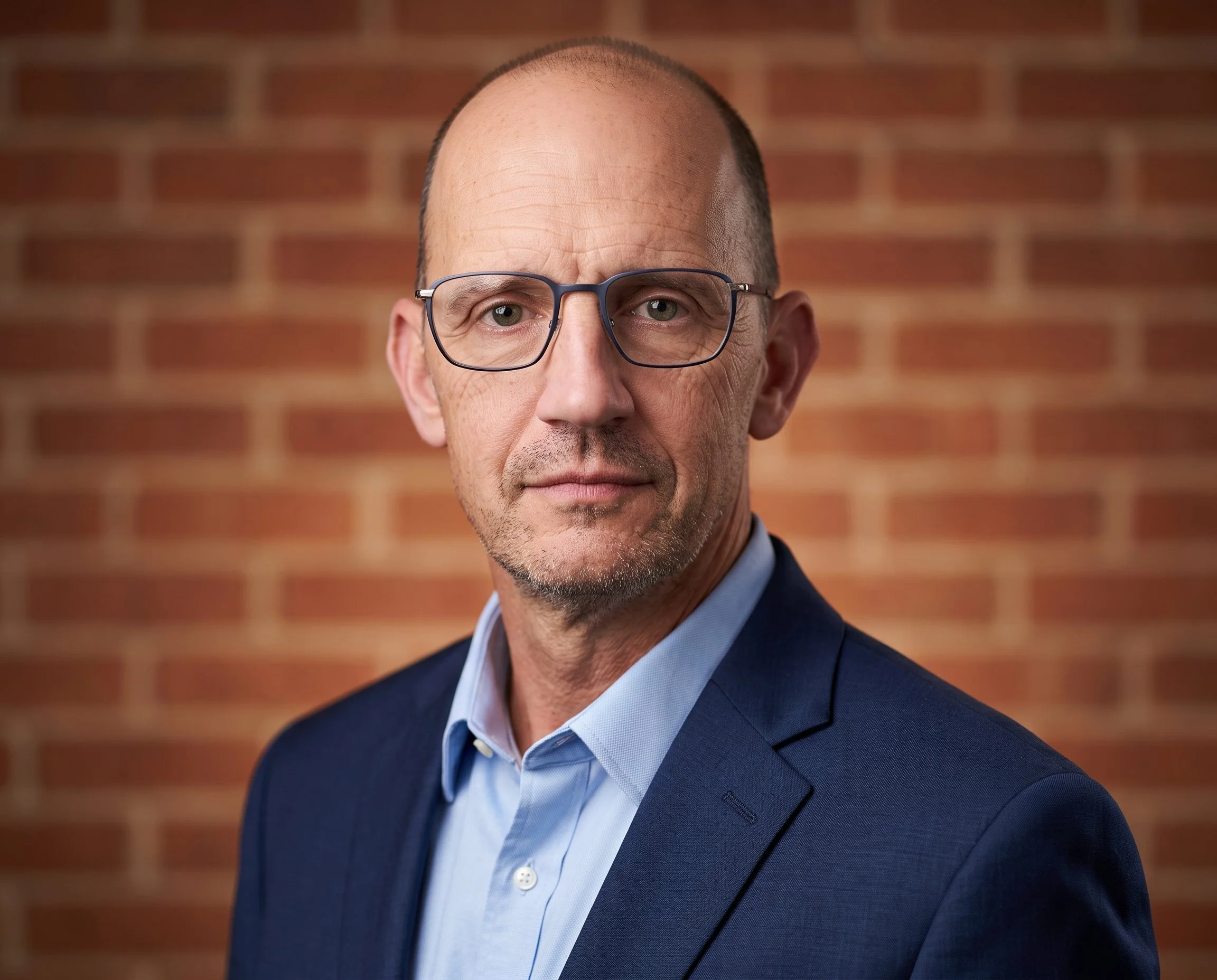 A middle-aged man in a blue suit and light blue shirt, wearing glasses, standing in front of a brick wall.