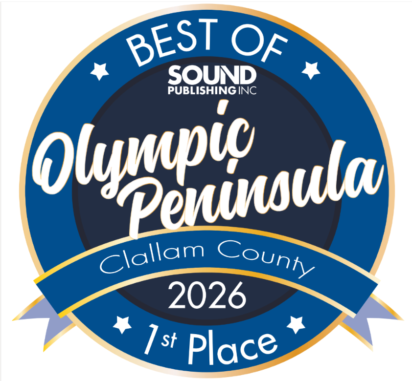 A badge with a blue and gold border and ribbon, indicating first place in the Best of Sound Publishing Inc. Olympic Peninsula contest for Clallam County in 2026.