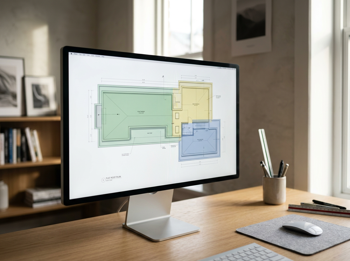 Computer monitor displaying a multi-colored architectural blueprint or floor plan on a wooden desk.