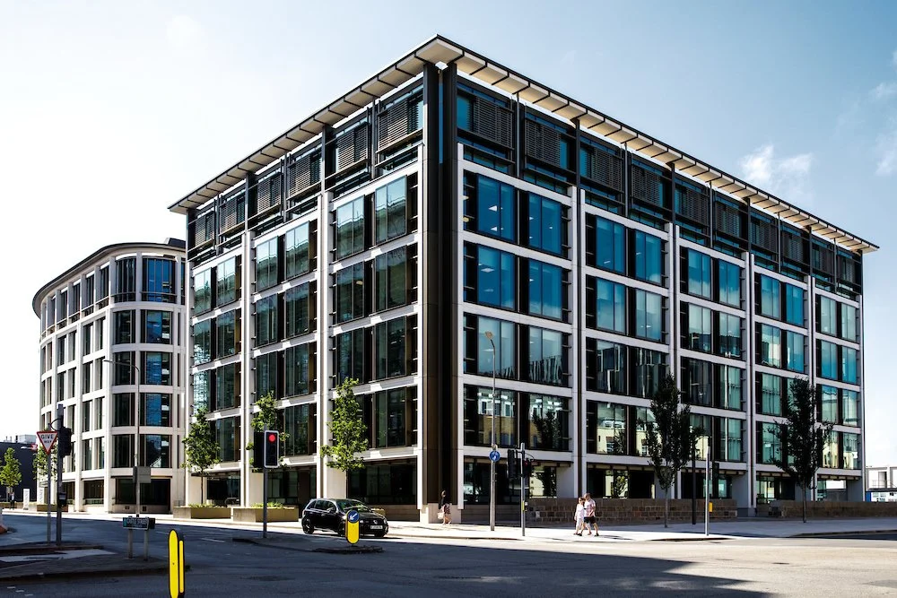 Contemporary glass-fronted office buildings in Jersey