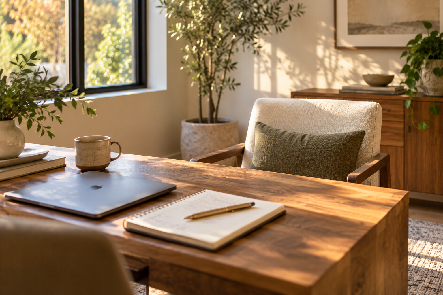 A cozy home office with a wooden desk, a laptop, an open notebook with a pen, a coffee mug, a potted plant, and an armchair with a cushion, bathed in natural sunlight from a nearby window.