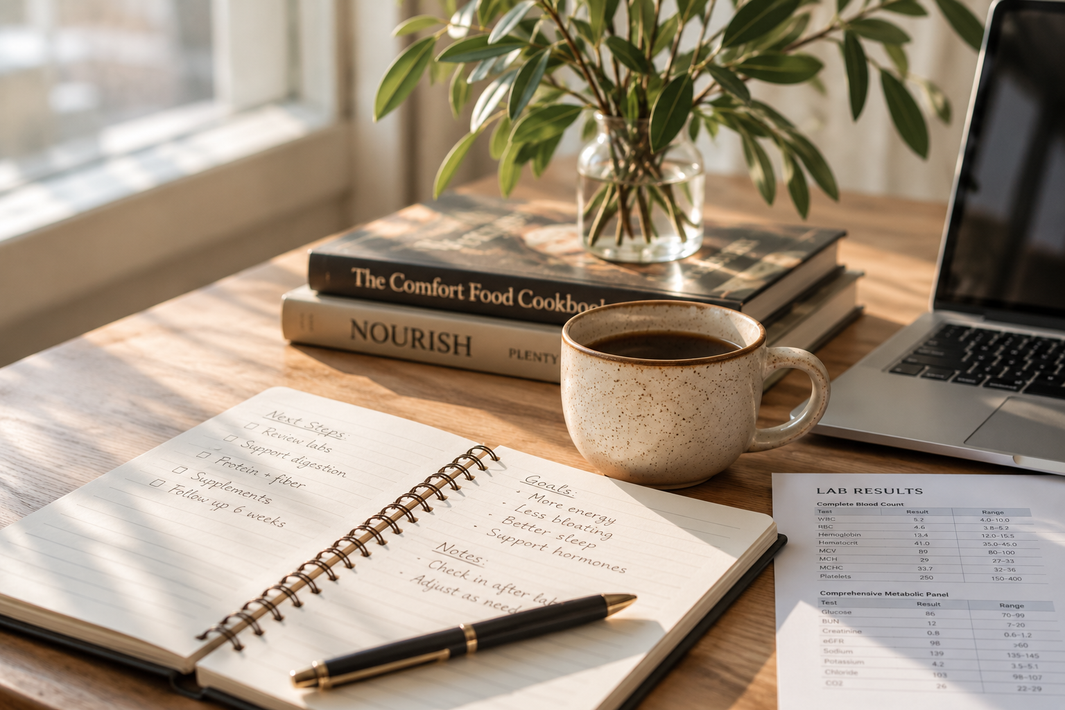 A wooden desk with a notebook, pen, coffee mug, laptop, books, a plant in a glass vase, and lab results sheet, all near a window with natural light.