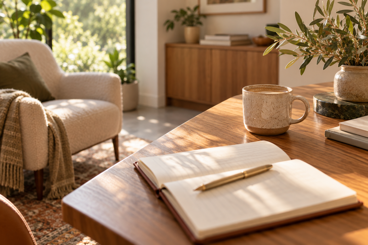 A cozy home office or living space with a wooden table, open notebook with a pen, a coffee mug, and a potted plant. In the background, a beige armchair with a throw blanket and cushion, a wooden sideboard with books and decor, and a large window with sunlight.
