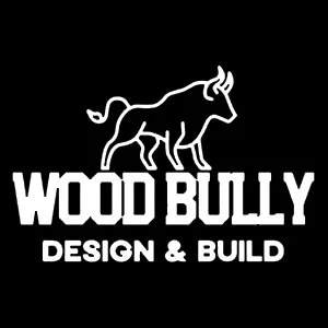 Logo featuring a stylized bull with horns, with the text "WOOD BULLY" and "DESIGN & BUILD" underneath, on a black background.