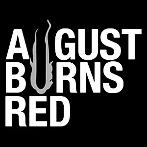 Graphic design with text 'AUGUST BURNS RED' and a stylized guitar neck in the center.