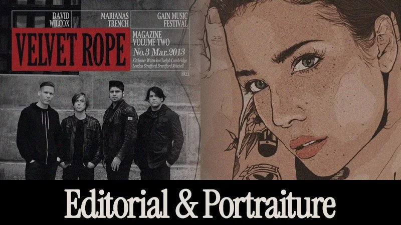 A magazine cover titled 'Velvet Rope', featuring a black and white photograph of four young men and an illustrated portrait of a woman with tattoos on her arm, with text 'Editorial & Portraiture' at the bottom.