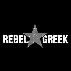 Black T-shirt with white text reading "Rebel Greek" and a large gray star in the center.