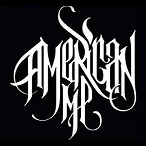 Stylized white logo on a black background featuring the word 'American Me' written in elaborate, gothic-style lettering.