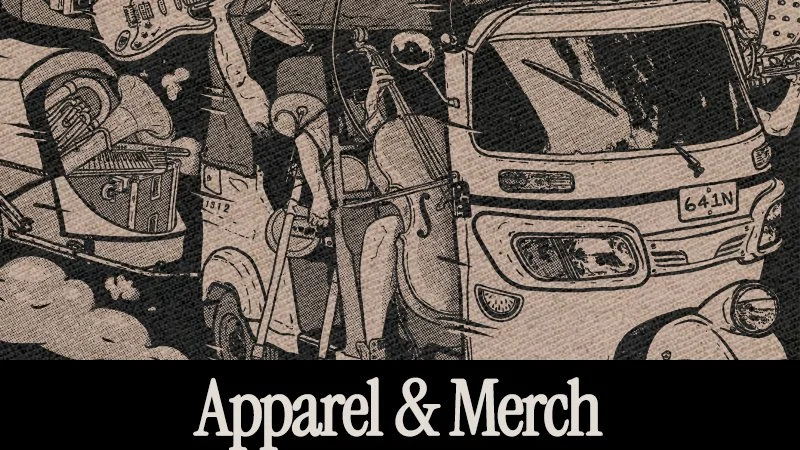 Illustration of an outdoor market scene with various clothing and merchandise displays, and a vehicle with a license plate reading 64IN, along with the text 'Apparel & Merch' at the bottom.