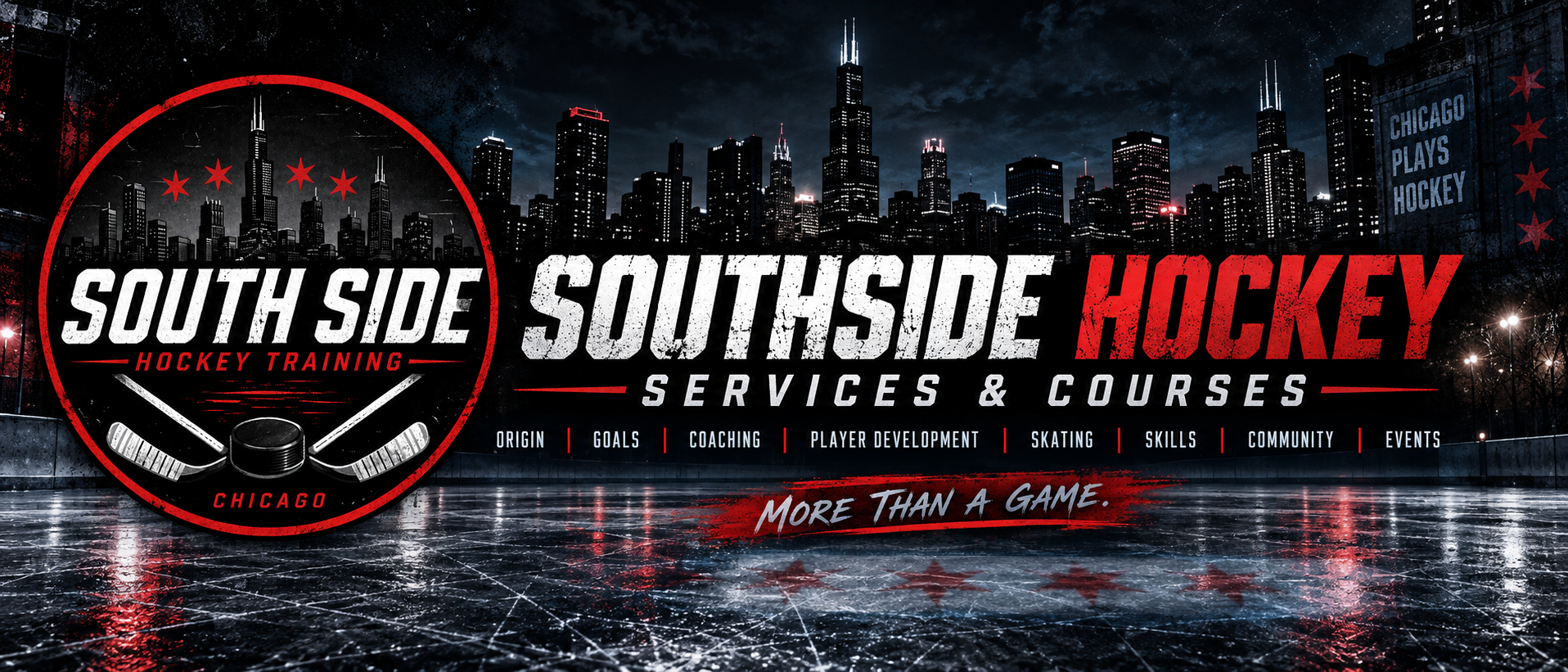 A promotional banner for South Side Hockey services and courses features a nighttime cityscape with tall buildings in the background. The logo includes an illustration of two hockey sticks crossed behind a puck, with the text 'South Side Hockey' and 'Hockey Training' inside a red circle. The banner highlights offerings such as goal setting, coaching, player development, skating skills, community, and events, with the slogan 'More than a game.'