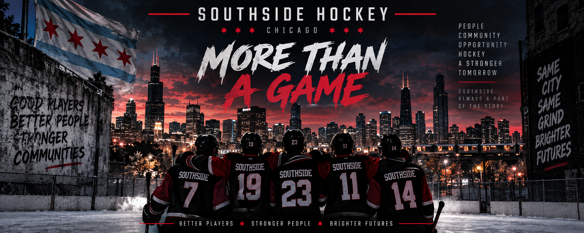 A Chicago cityscape at sunset with a hockey team of five players dressed in black and red jerseys with 'SOUTHSIDE' on the back, standing on an outdoor ice rink. The image includes text promoting Southside Hockey, emphasizing community, teamwork, and future success.
