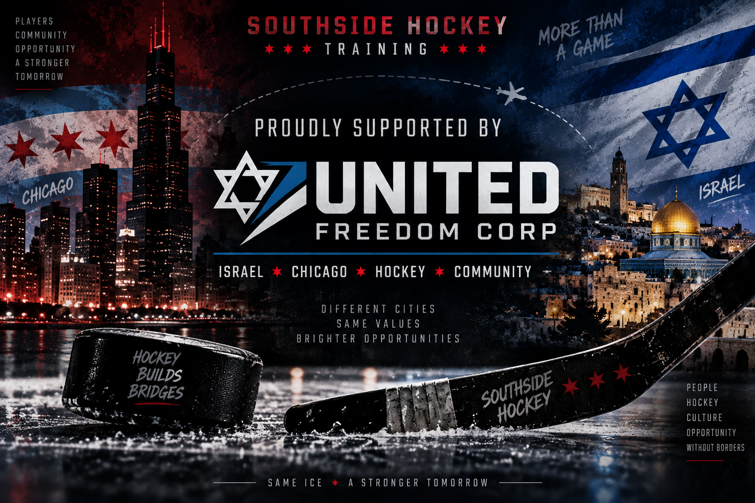 Poster promoting Southside Hockey training supported by United Freedom Corp, featuring images of Chicago and Israel, with city skylines, a hockey puck, and a hockey stick on ice.