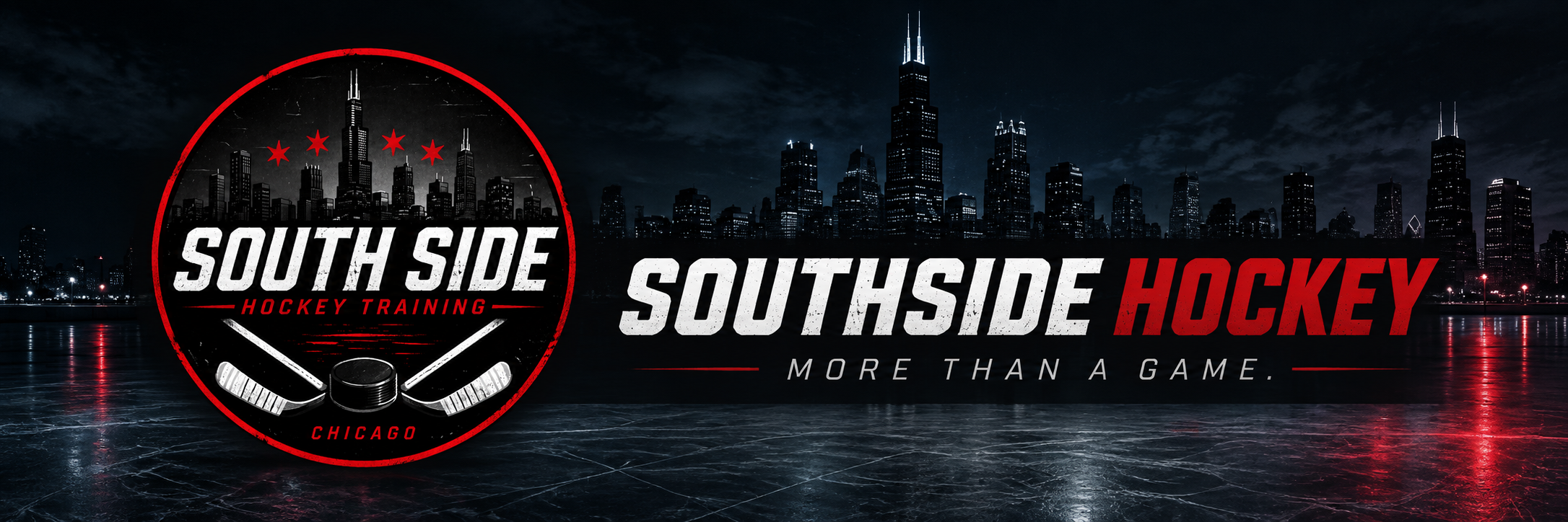 Nighttime city skyline of Chicago viewed from an ice rink with a logo for South Side Hockey Training and text 'More Than a Game'.