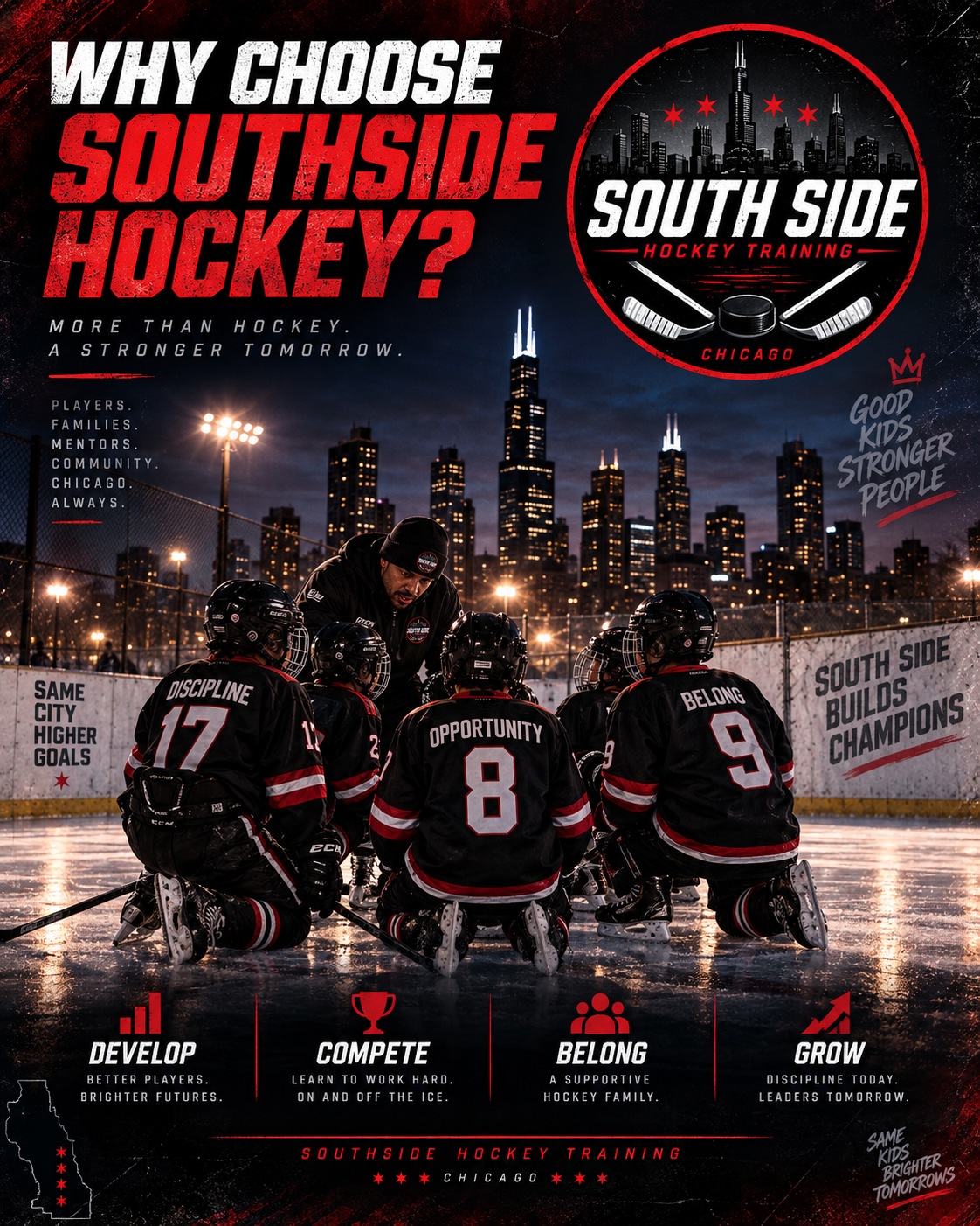 A hockey team kneeling on the ice during practice, with a coach instructing them. The scene is set against a city skyline at night, with illuminated skyscrapers. The image promotes Southside Hockey Training in Chicago, emphasizing themes of development, competition, belonging, and growth.
