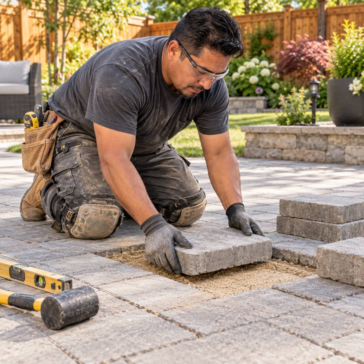 Installer resetting a gray patio paver on prepared bedding sand, with removed pavers, a level and rubber mallet nearby.