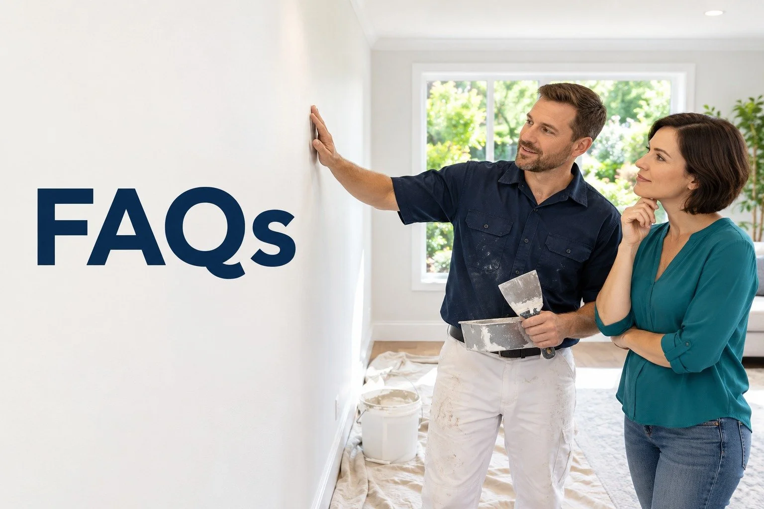FAQs graphic with a contractor explaining drywall finishing to a homeowner beside a smooth wall in a bright room.