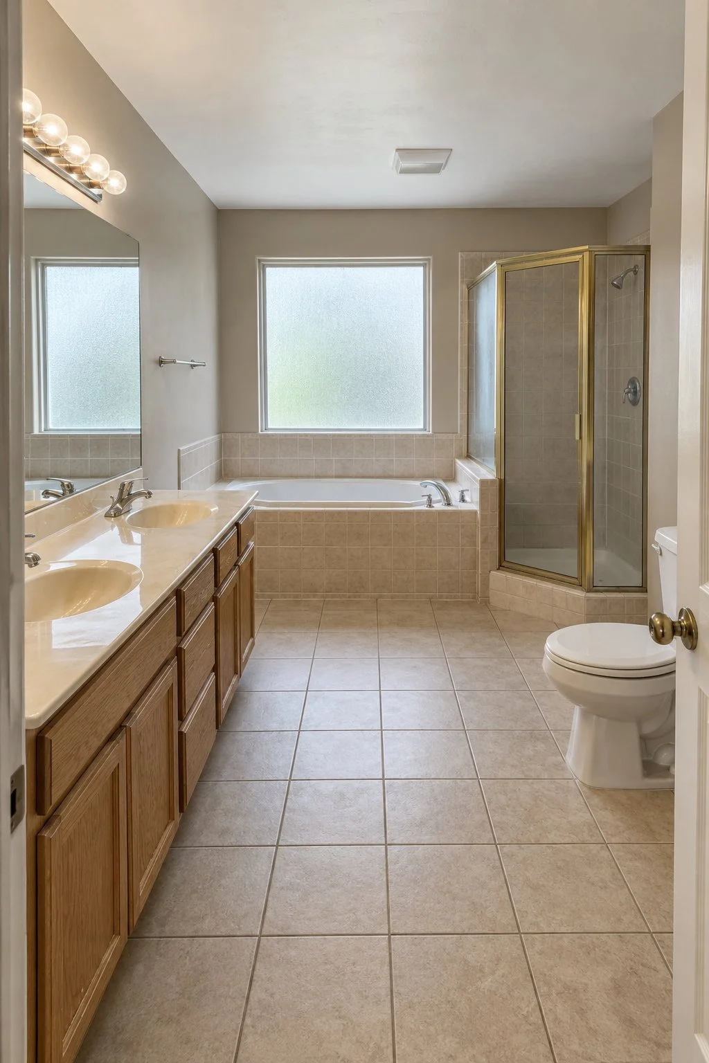 Bathroom renovation concept before updates, with an oak double vanity, beige tile, built-in tub and framed glass shower.