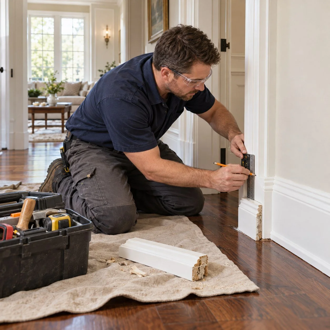 Carpenter measuring white doorway trim for repair beside damaged molding, with tools on a protective drop cloth.