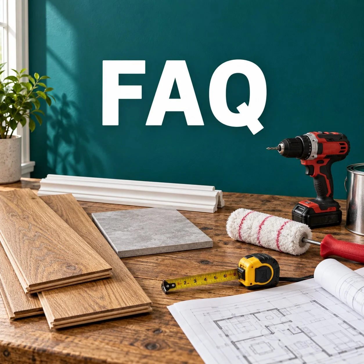 FAQ lettering above remodeling tools, wood flooring, tile samples and trim on a workbench against a teal wall.