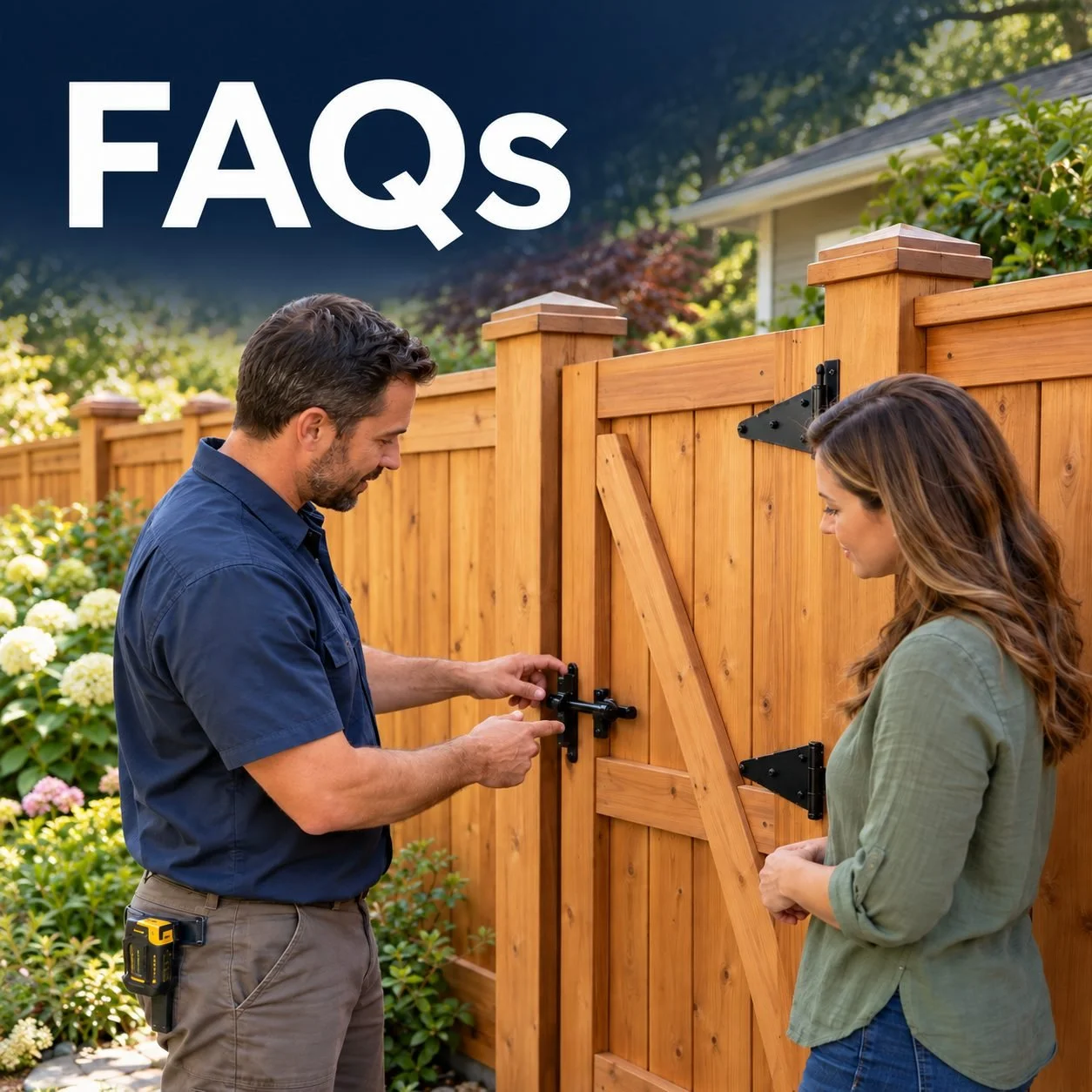 FAQs graphic showing a contractor explaining cedar gate hardware to a homeowner beside a wooden privacy fence.