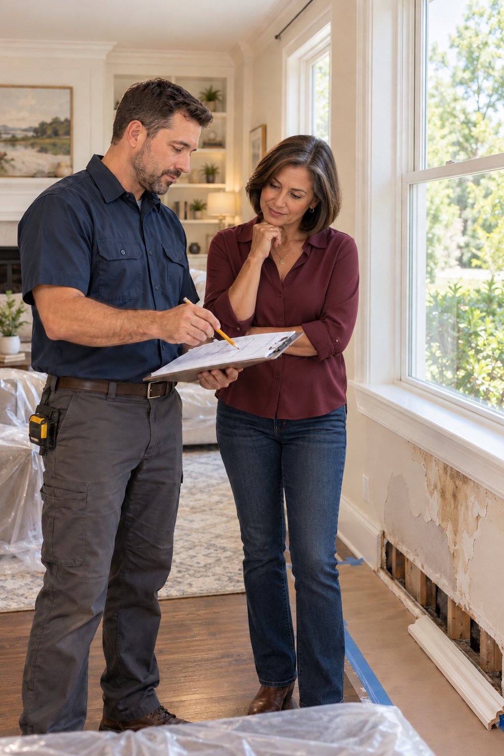 Contractor and homeowner reviewing a repair plan beside water-damaged drywall beneath a bright living room window.
