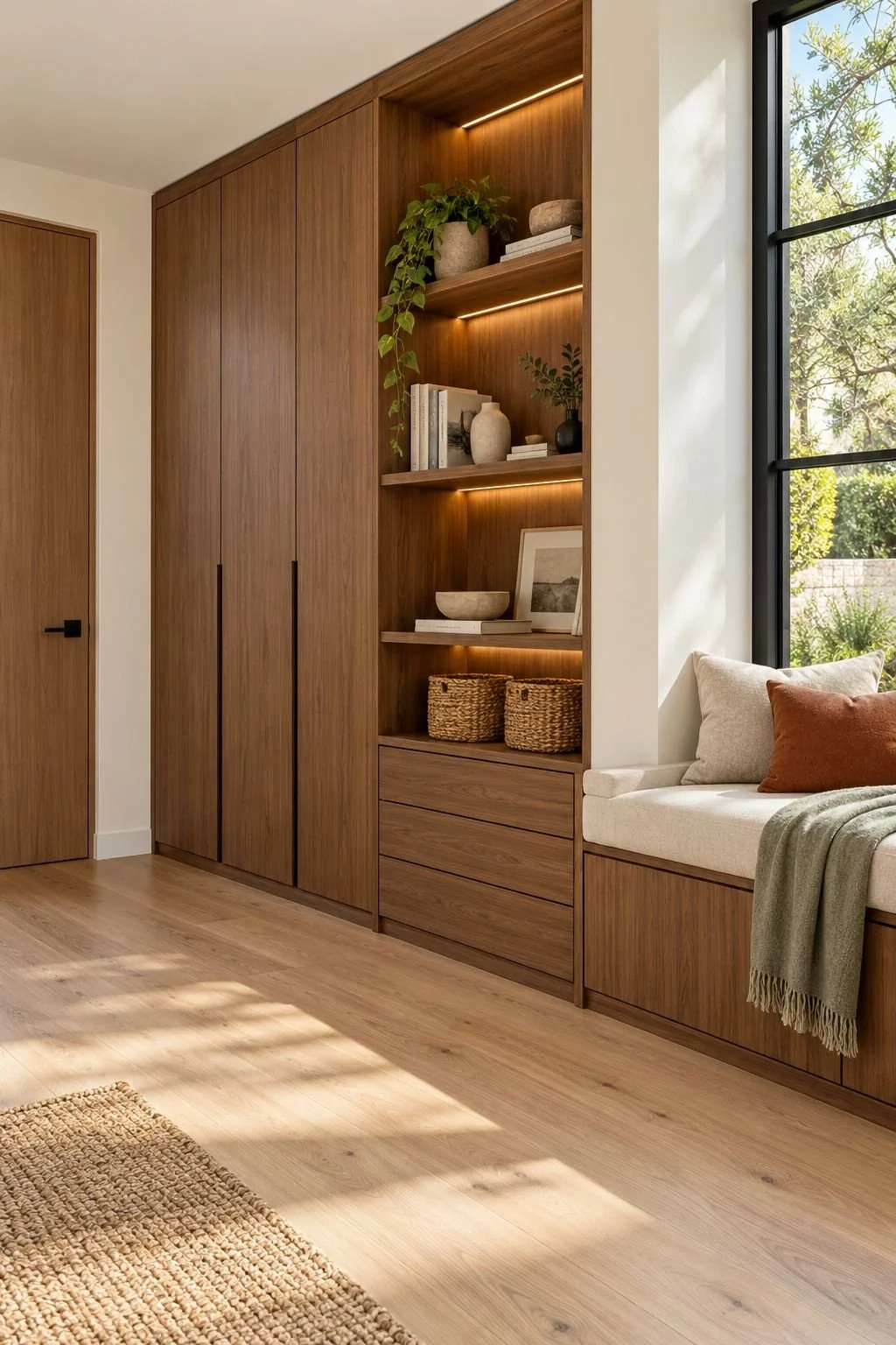 Modern walnut storage cabinets with illuminated shelves, fitted drawers and an upholstered window seat beside oak floors.