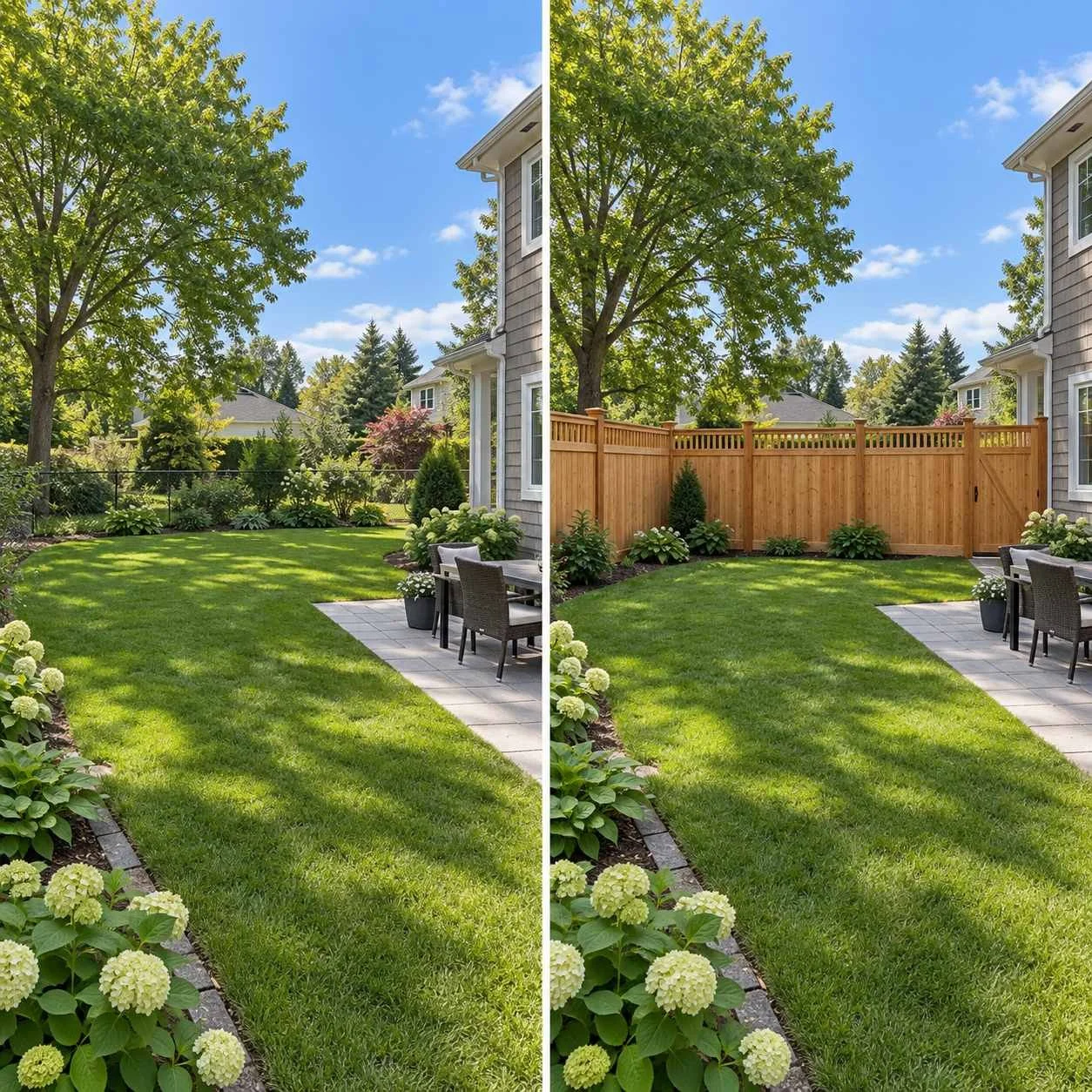 Backyard before and after cedar privacy fence installation, with matching lawn, patio and decorative fence-top details.