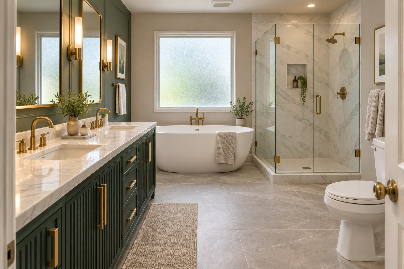 Luxury bathroom remodeling concept with a green double vanity, freestanding tub, glass shower and brass fixtures.