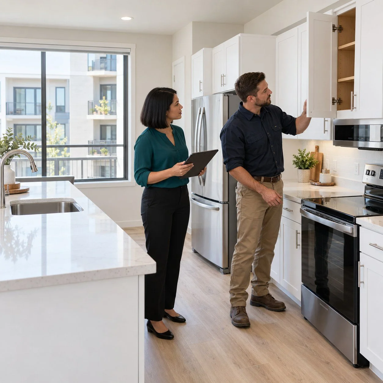 Contractor and property manager checking new kitchen cabinets during a final walkthrough of a remodeled apartment.