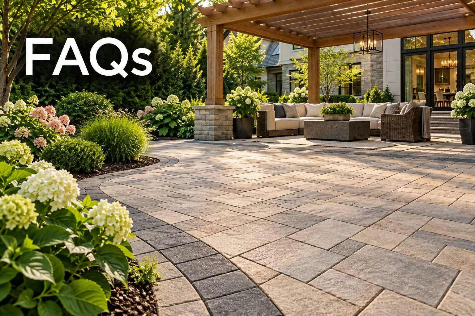 Beautiful paver patio with a wood pergola, outdoor seating and lush landscaping, with FAQs text.