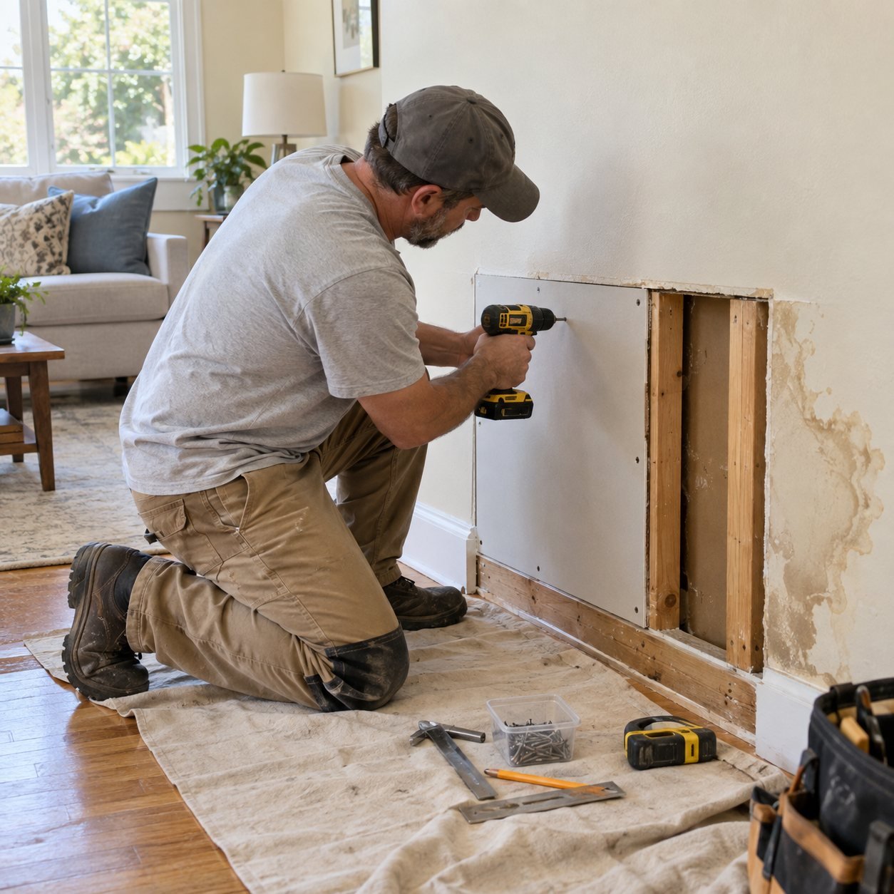 Worker replacing water-damaged drywall in a living room, with exposed wood studs and a protective floor covering.