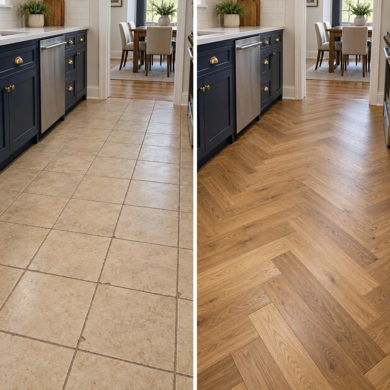 Kitchen flooring renovation concept showing worn beige tile replaced with oak herringbone flooring beside navy cabinets.