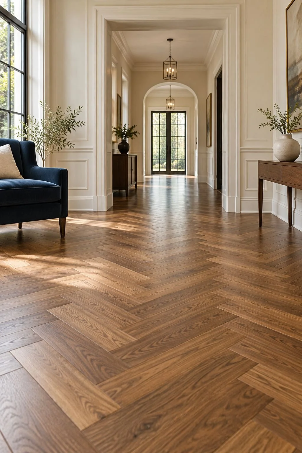 Warm herringbone hardwood flooring flows from an elegant living room into a bright hallway with cream walls.
