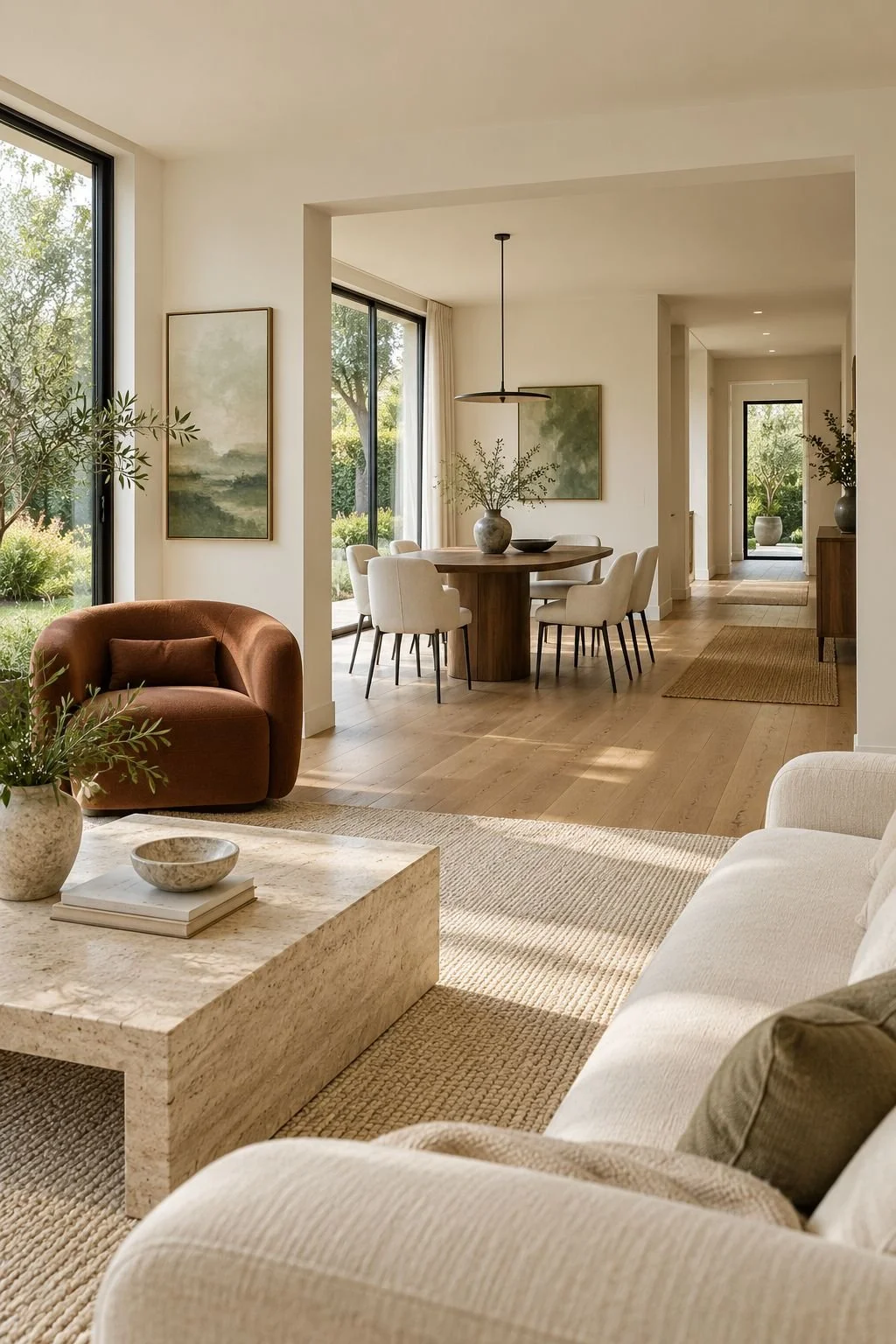 Connected modern living and dining rooms with continuous oak flooring, warm white walls and coordinated furnishings.