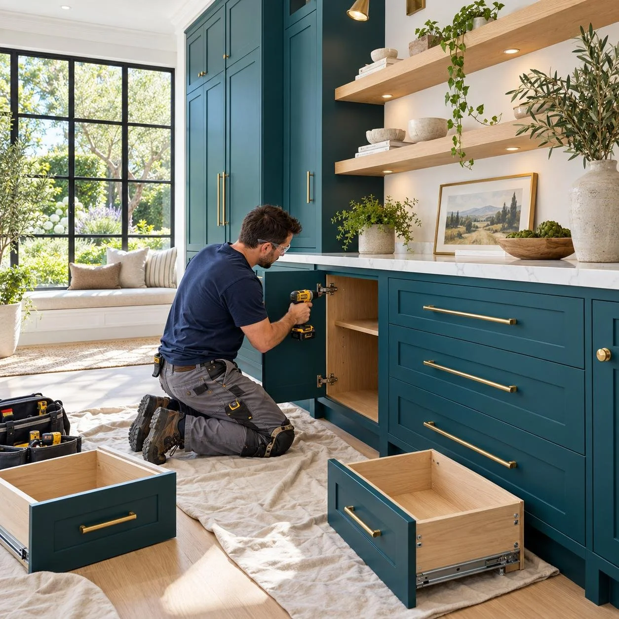 Carpenter installing teal cabinets with brass hardware in a sunlit room with oak shelves and a white stone counter.