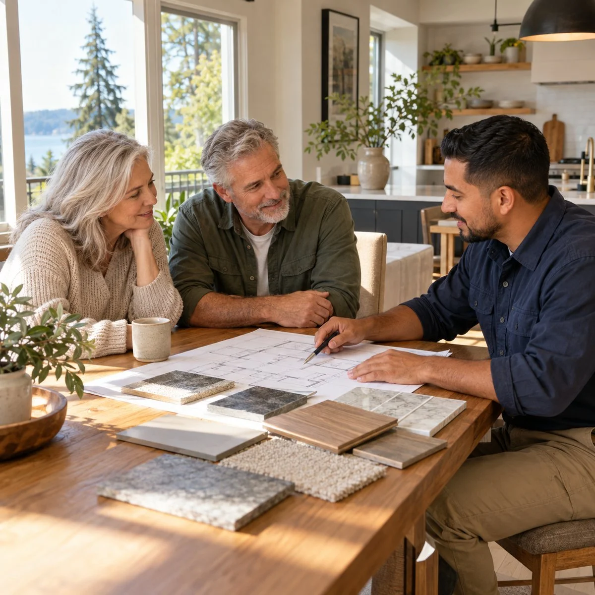 Home remodeling consultation with homeowners reviewing renovation plans, tile samples and finishes with a contractor.