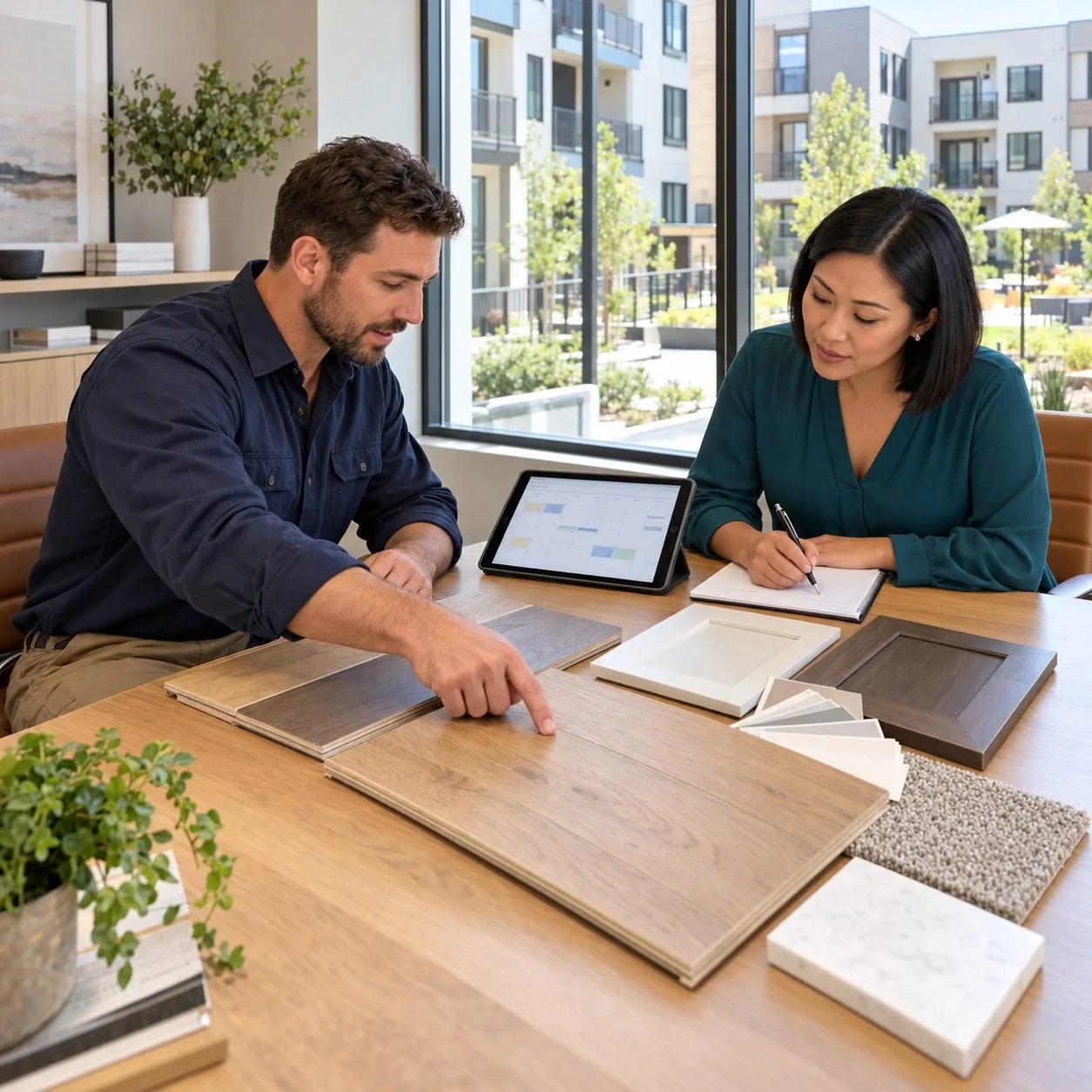 Contractor and property manager reviewing flooring, cabinet samples and a project calendar for apartment renovations.