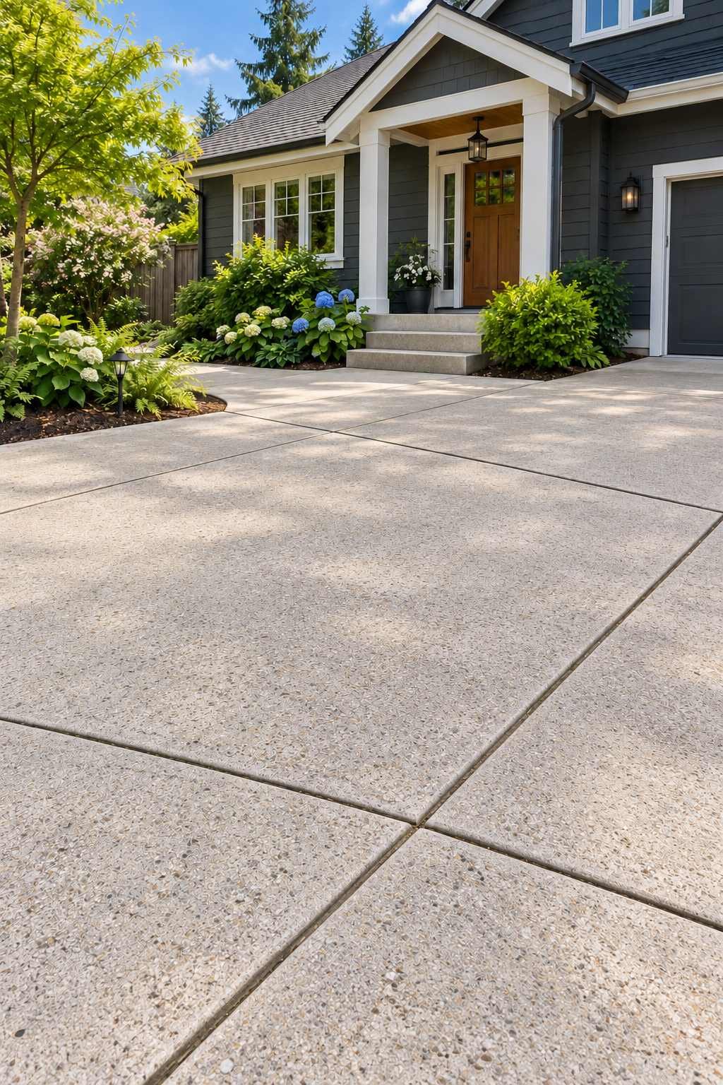 Clean concrete driveway, walkway and front steps after pressure washing outside a charcoal-sided home with hydrangeas.