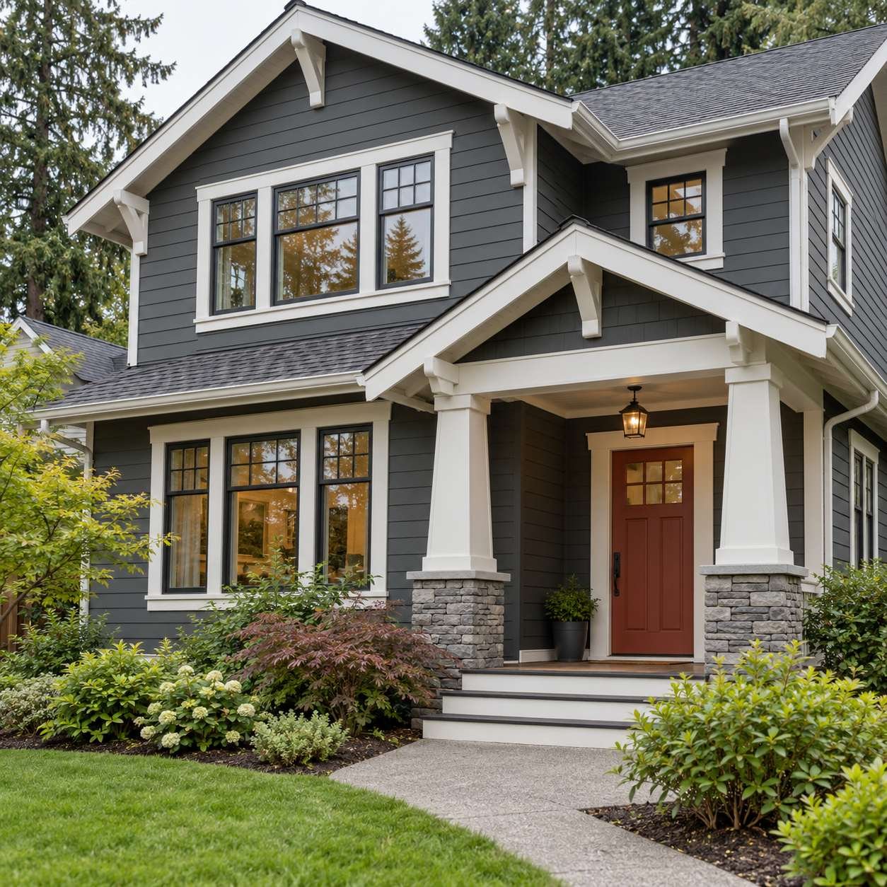 Craftsman home with charcoal-gray painted siding, crisp white trim, a terracotta front door and landscaped entry.