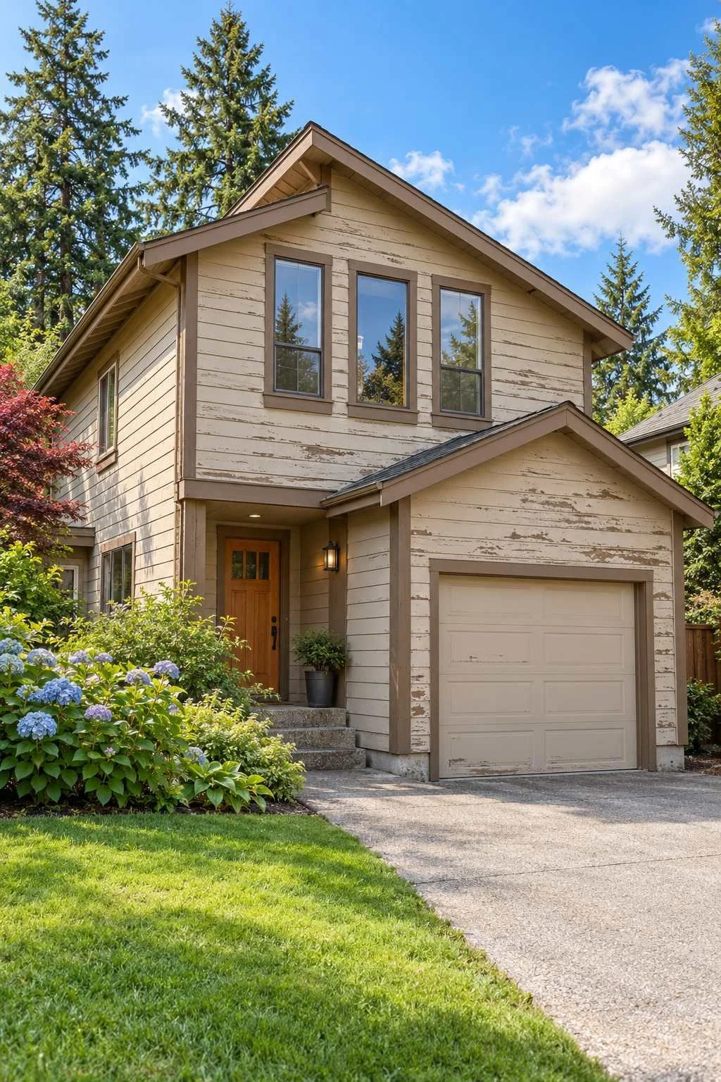 Two-story home with weathered beige siding and peeling paint before exterior renovation, surrounded by green landscaping.