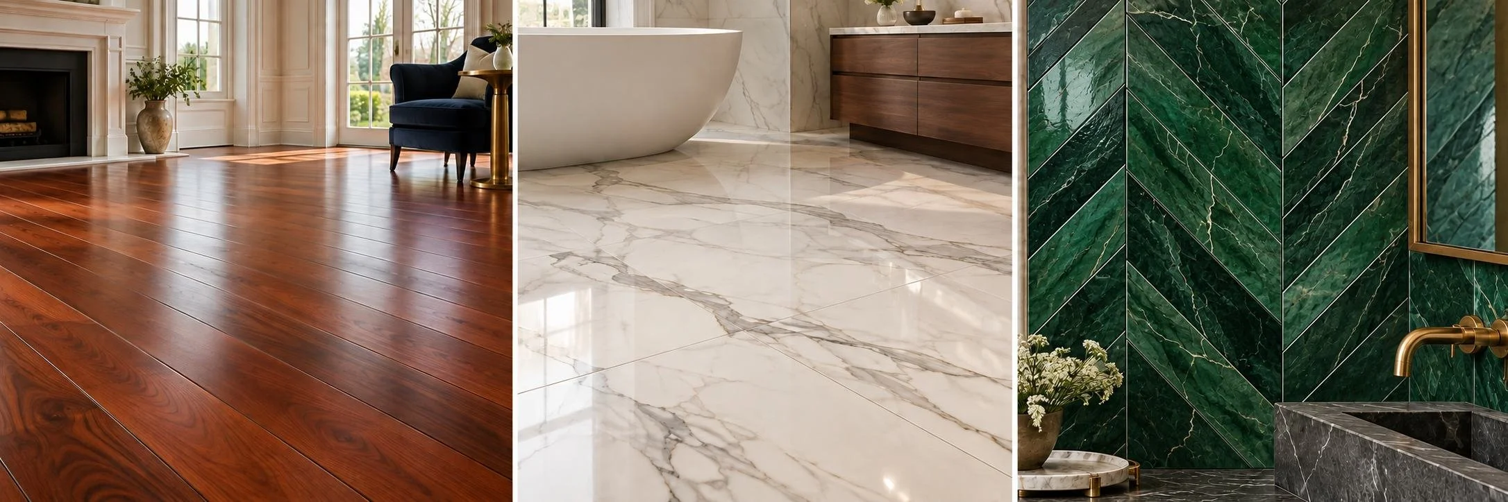 Luxury Flooring and Tile Installation collage featuring cherry wood planks, white marble floors and emerald green chevron wall tile.