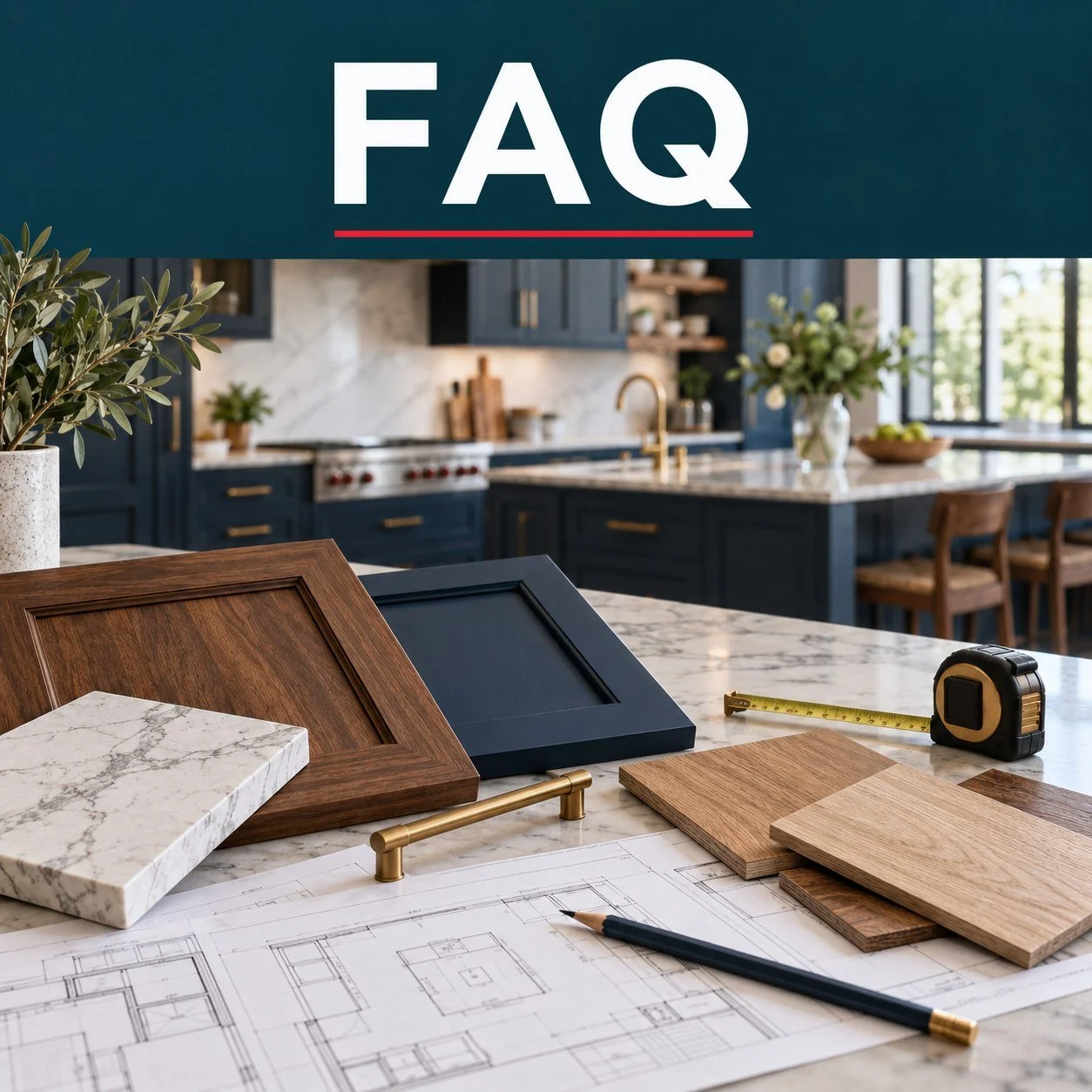 FAQ lettering above kitchen renovation plans, cabinet doors, marble and oak flooring samples on a countertop.