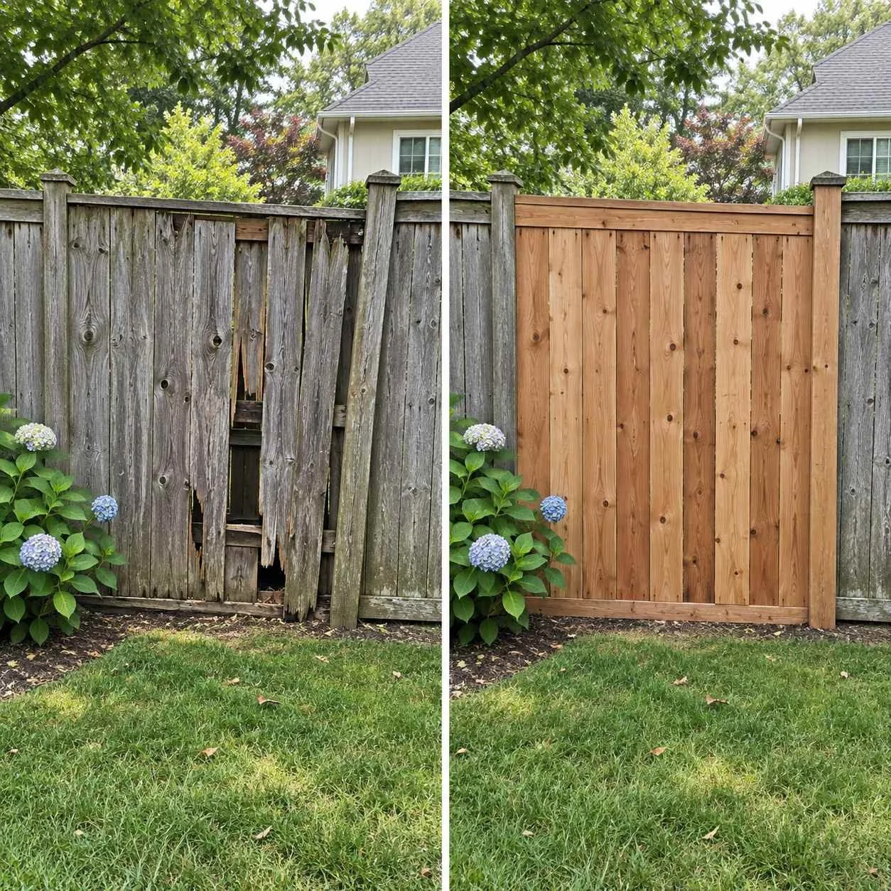 Before and after fence repair showing broken wood boards replaced with a new cedar section beside existing fencing.