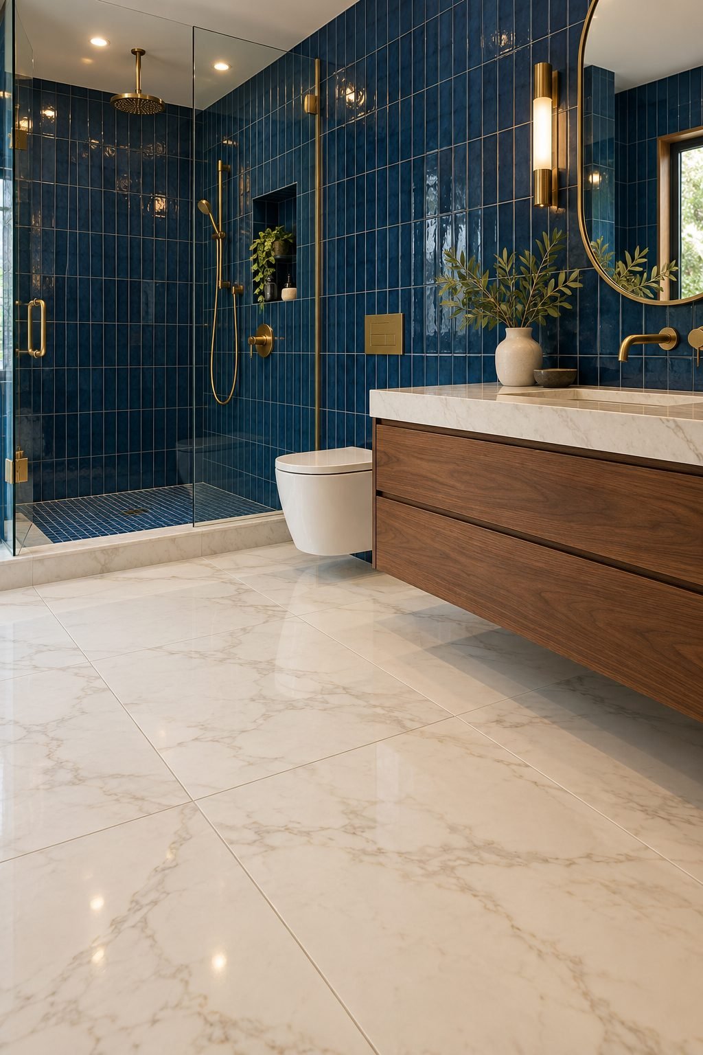 Sapphire blue wall tiles and ivory marble-look floor tiles in a luxury bathroom with a walnut vanity and brass fixtures.